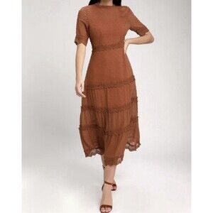 Lulus Dreaming Of You Rust Orange Swiss Dot Embroidered Midi Dress L